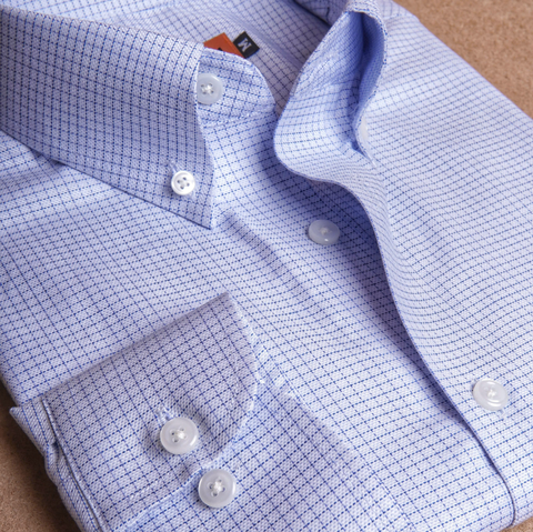 White Blue Textured Check Button Down Cotton Shirt