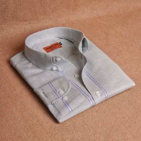 Micro Check Mint Button Down Linen Cotton Shirt
