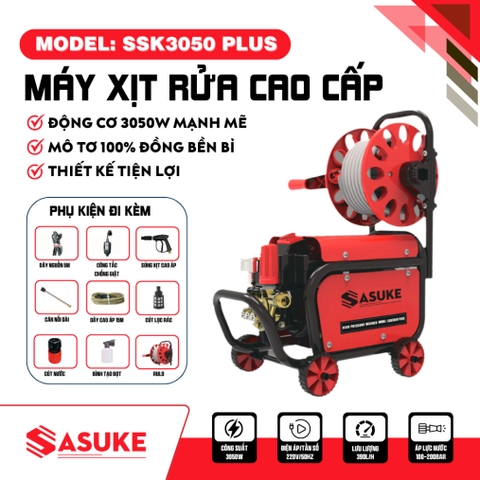 Máy xịt rửa xe cao áp Sasuke 3050w động cơ từ lõi đồng, có chế độ chỉnh áp lực nước
