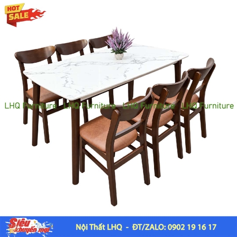 Bộ bàn 6 ghế Mango bàn 1m6 giả đá – Gỗ cao su tự nhiên