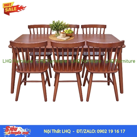 Bộ bàn ghế 7 nan bàn mặt gỗ 1m6 – Gỗ cao su tự nhiên