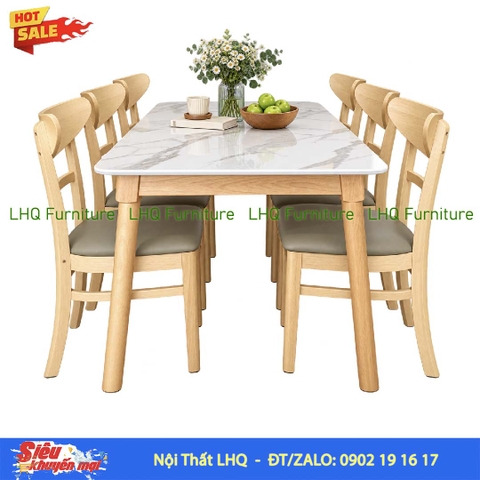 Bộ bàn 1m6 giả đá 6 ghế Panda – Màu tự nhiên và Walnut
