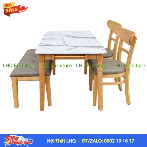 Bộ Bàn 1m2 Giả Đá 2 Ghế Panda + 1 Bench Mặt Nệm