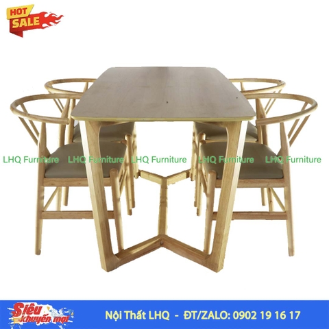 Bộ bàn ghế ăn Wishbone 4 ghế gỗ cao su tự nhiên