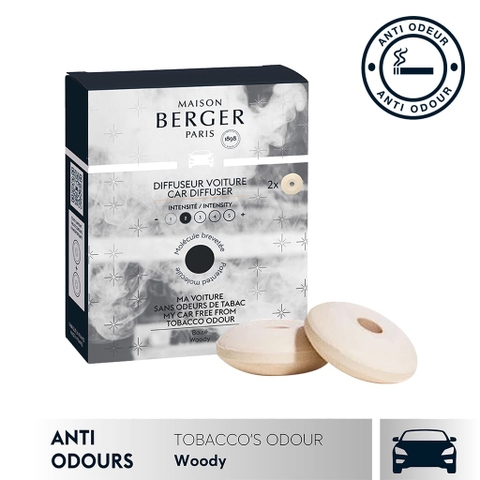 Bộ tinh dầu xe hơi, khử mùi thuốc lá hương Woody Maison Berger 2 cái