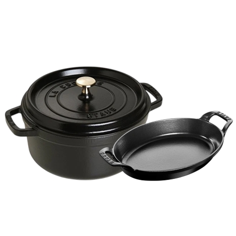Staub - Combo nồi gang tròn &  khay gang oval
