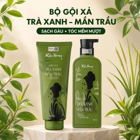 Cặp Dầu gội xả Kiều Nương trà xanh mần trầu giảm ngứa phục hồi