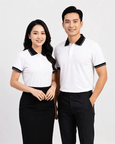 Áo Polo Trắng Phối Cổ Đen Sọc Xám Chì