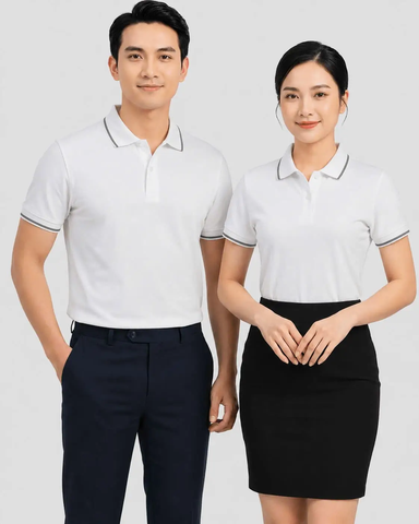 Áo Polo Trắng Phối Cổ Sọc Xám Chì