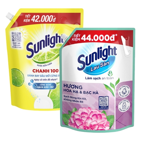 Nước rửa chén Sunlight chanh 2.9l và nước lau sàn Sunlight hương hoa hạ và bạc hà 3.6kg