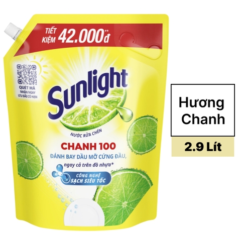 Nước rửa chén Sunlight Chanh 100 đánh bay dầu mỡ cứng đầu túi 2.9 lít