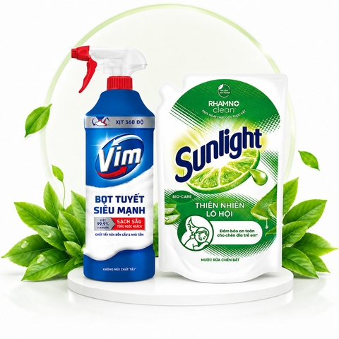 Xịt bọt tuyết siêu mạnh VIM tẩy bồn cầu và nhà tắm và Nước rửa chén Sunlight thiên nhiên lô hội túi 1.9 lít
