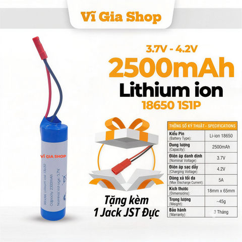 Pin Sạc Lithium-ion 1S 3.7V 2500mAh Jack JST 2 Pin (Tặng Jack Đực & BMS 3A)