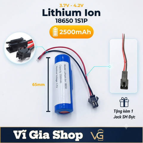 Pin Sạc Lithium-ion 1S 3.7V 2500mAh Jack SM 2.54mm (Tặng Jack Đực & BMS 3A)