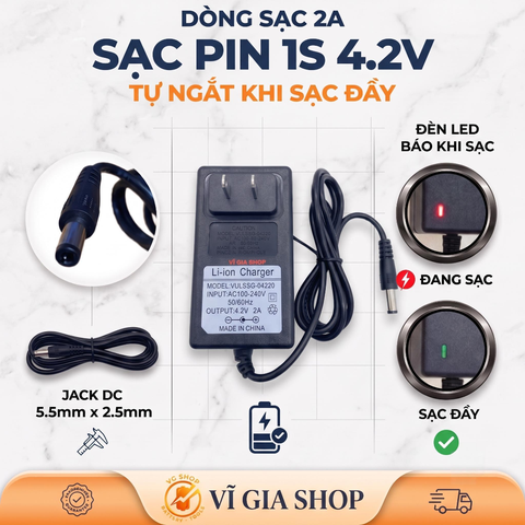 Sạc Pin Li-ion 1S 4.2V 2A Tự Ngắt Chân Cắm DC 5.5x2.5mm (Dùng Cho Pin 3.7V - 4.2V)