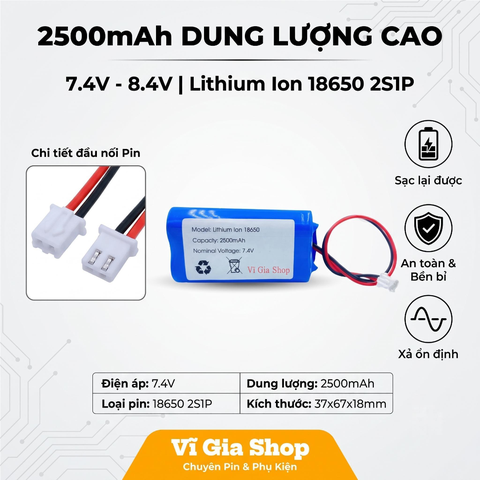 Pin Sạc Lithium-ion 2S 7.4V 2500mAh Jack XH 2.54mm 2P (Tích Hợp Mạch BMS)