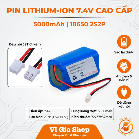 Pin Sạc Lithium-ion 2S 7.4V 5000mAh Jack XH 2.54mm 2P (Tích Hợp Mạch BMS 10A)