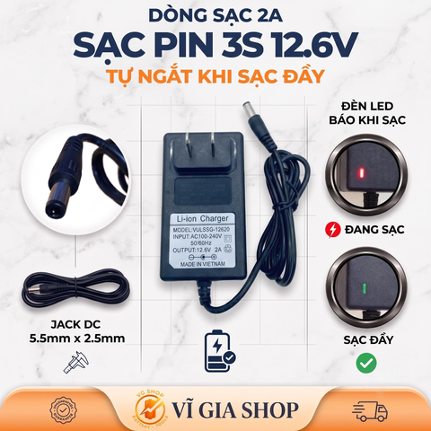 Sạc Pin Li-ion 3S 12.6V 2A Tự Ngắt Chân Cắm DC 5.5x2.5mm (Dùng Cho Pin 11.1V - 12.6V)