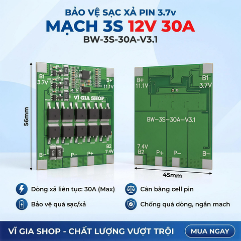Mạch Bảo Vệ Sạc Xả 3S 12.6V 30A BW Có Cân Bằng Cho Pin Lithium-Ion 18650