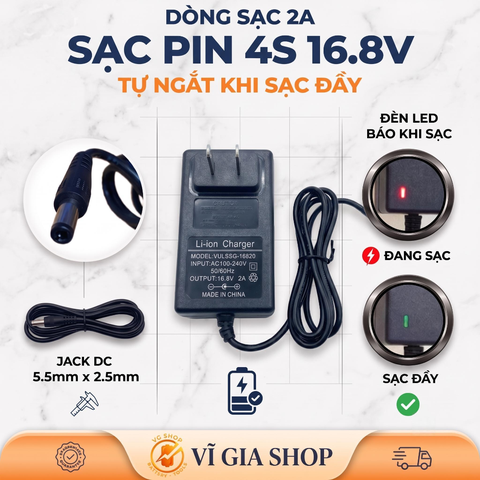 Sạc Pin Li-ion 4S 16.8V 2A Tự Ngắt Chân Cắm DC 5.5x2.5mm (Dùng Cho Pin 14.4V - 16.8V)