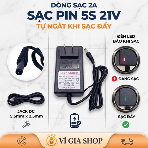 Sạc Pin Li-ion 5S 21V 2A Tự Ngắt Chân Cắm DC 5.5x2.5mm (Dùng Cho Pin 18V - 21V)