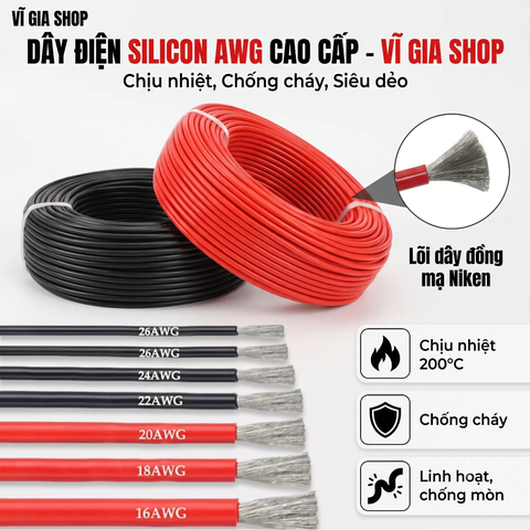 Dây Điện Silicon AWG Chịu Nhiệt Chống Cháy 200°C Lõi Đồng Mạ Niken (16AWG - 18AWG - 24AWG)