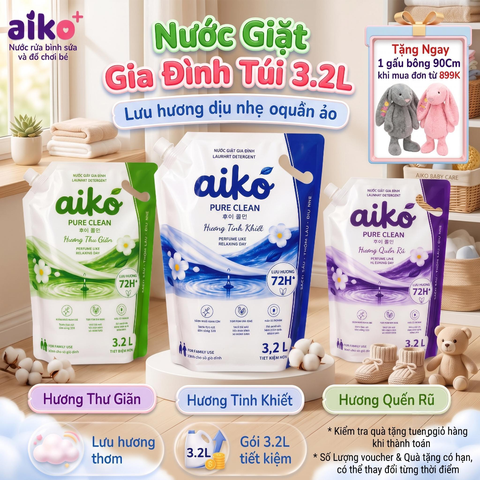 Nước Giặt Sinh Học AIKO Túi Đại 3.2L Đậm Đặc Hương Tươi Mới Kháng Khuẩn Bền Màu Vải