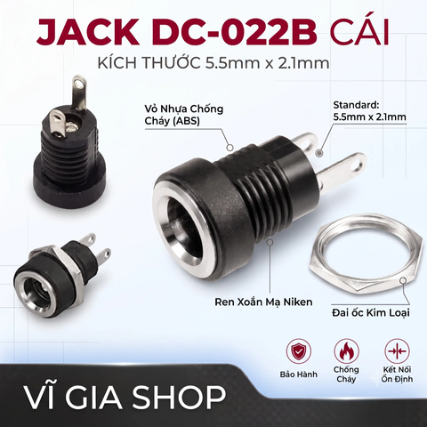 Jack Nguồn Cái DC-022B 5.5x2.1mm Bắt Vít Có Đai Ốc Chịu Tải 5A