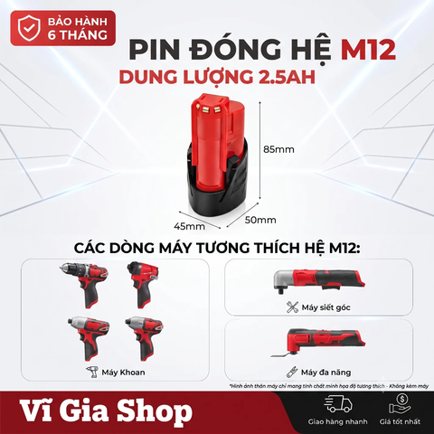 Pin Đóng 12V 2.5Ah Dòng Xả 25A Hệ M12 (Tương Thích Máy Milwaukee M12)