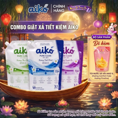 Combo Bộ Đôi Giặt Xả AIKO Tiết Kiệm (1 Túi Nước Giặt Sinh Học 3.2L + 1 Túi Nước Xả Vải Đậm Đặc 1L)
