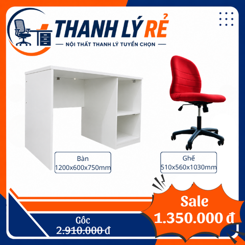 Combo bàn liền tủ và ghế xoay nỉ đỏ COMBO056