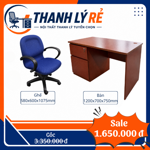 Combo bàn liền tủ và ghế xoay nỉ xanh COMBO057