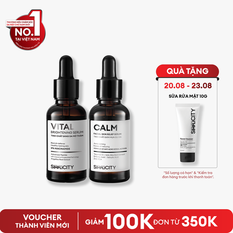 Combo serum Calm & Vital giảm mụn sáng da mờ thâm cho nam BHA + Peptide + 5% Niacinamide 30ml