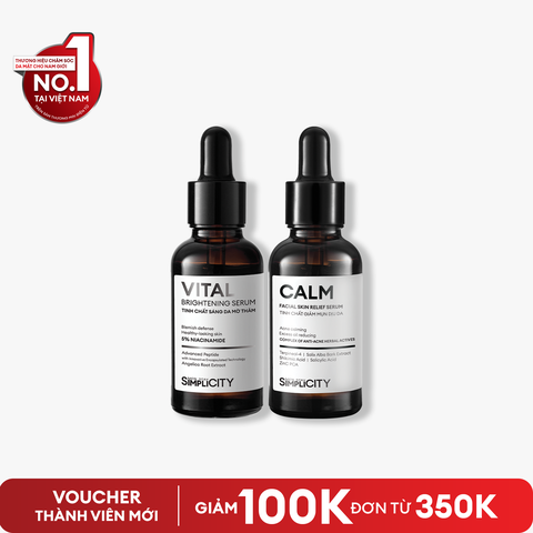 Combo serum Calm & Vital giảm mụn sáng da mờ thâm cho nam BHA + Peptide + 5% Niacinamide 30ml