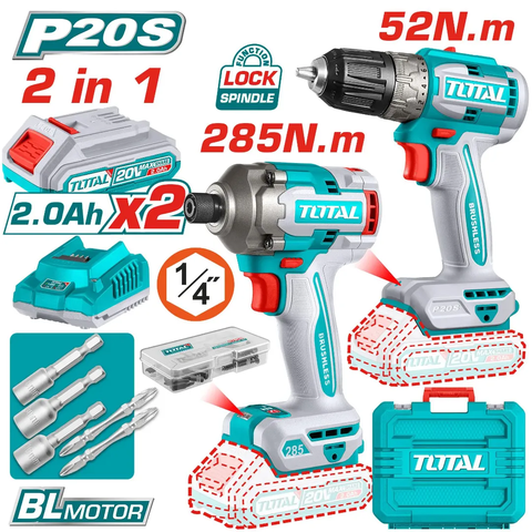 Bộ combo máy khoan TDLI204531 & máy siết vít TIRLI2028 không chổi than dùng pin 20V-TOTAL-TCKLI20272
