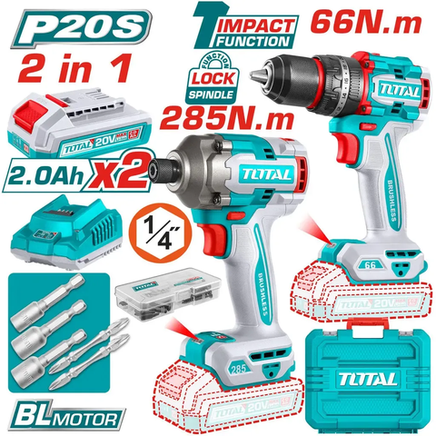 Bộ combo máy khoan búa TIDLI206681 & máy siết vít TIRLI20281 không chổi than  dùng pin 20V-TOTAL-TCKLI20277