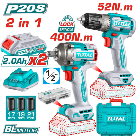 Bộ combo máy khoan TDLI204531 & máy siết buloong TIWLI2040 không chổi than dùng pin 20V-TOTAL-TCKLI20271