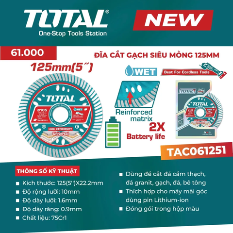 Đĩa cắt gạch siêu mỏng 125mm-TOTAL-TAC061251