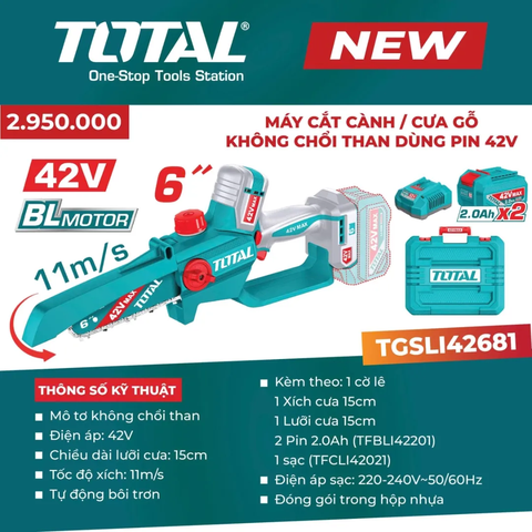 Máy cắt cành/ cưa gỗ không chổi than dùng pin 42V-TOTAL-TGSLI42681