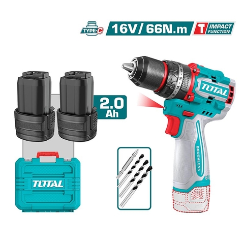 Máy khoan búa 66N.m không chổi than  dùng pin 16V  (không kèm  sạc) Total -TIDLI16665