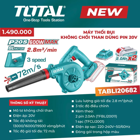 Máy thổi bụi không chổi than dùng pin 20V (không kèm Pin & sạc)-TOTAL-TABLI2068