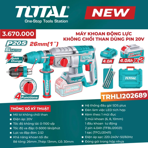 Máy khoan động lực không chổi than dùng pin 20V -TOTAL-TRHLI202689