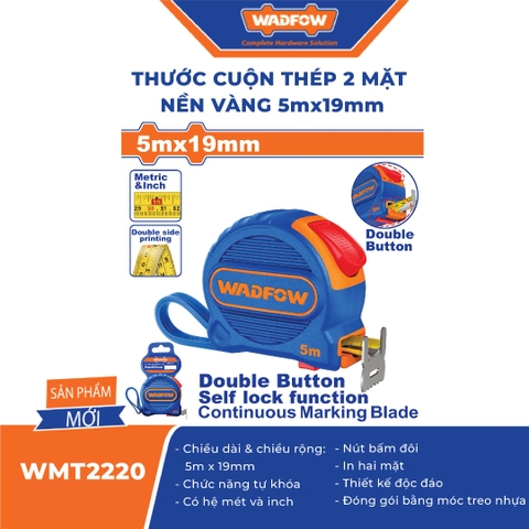 Thước cuộn thép 2 mặt nền vàng 5mx19mm-Wadfow-WMT2220