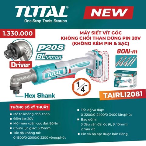 Máy siết buloong góc không chổi than dùng pin 20V (không kèm pin & sạc)-TOTAL-TAIWLI2081