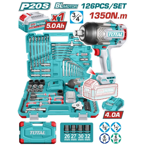 Bộ 126 món bao gồm máy siết buloong TIWLI201351 không chổi than dùng pin 20V-TOTAL-THKTHP31262