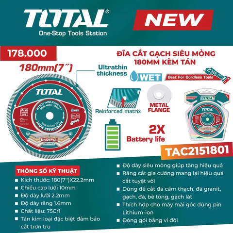 Đĩa cắt gạch siêu mỏng 180mm kèm tán-TOTAL-TAC2151801