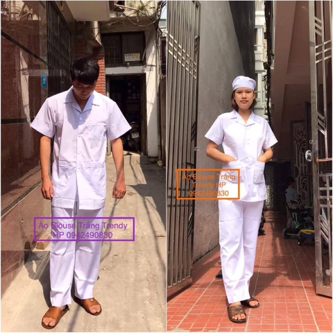 Bộ quần áo blouse trắng trơn cho điều dưỡng, y tá dược sỹ, chất Lon Nhật