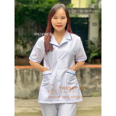 Bộ quần áo blouse trắng dáng ngắn có viền xanh Cotton Cao Cấp cho điều dưỡng, dược sỹ, y tá, thẩm mỹ viện, spa