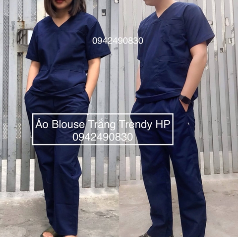 Bộ scrubs bác sĩ, đồng phục spa, thẩm mỹ viện, nha khoa, phòng khám màu Xanh Tím Than chất phổ thông