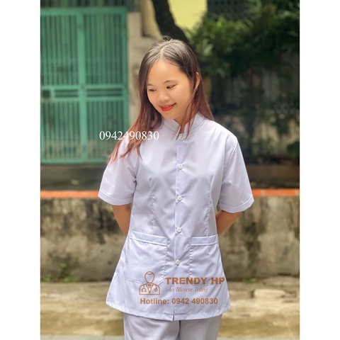 Bộ quần áo blouse trắng trơn Cổ Tàu cho điều dưỡng, y tá, dược sỹ